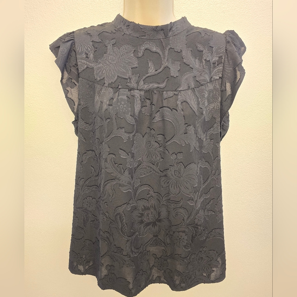 LOFT Slate Gray Floral Lace Cap-Sleeve Blouse
